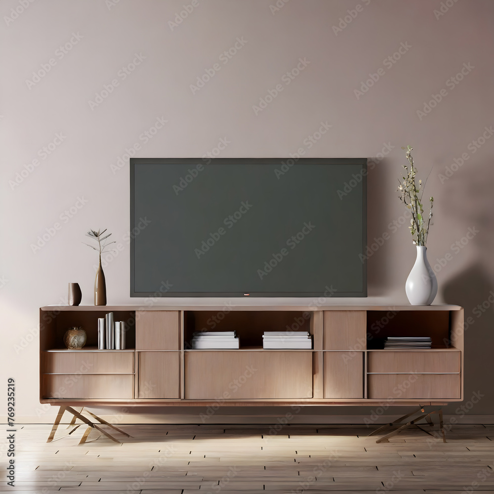 Simple minimal cabinet for tv interior wall mockup,3d rendering. Generative AI. Simple minimal cabinet for tv interior wall mockup,3d rendering. Generative AI.