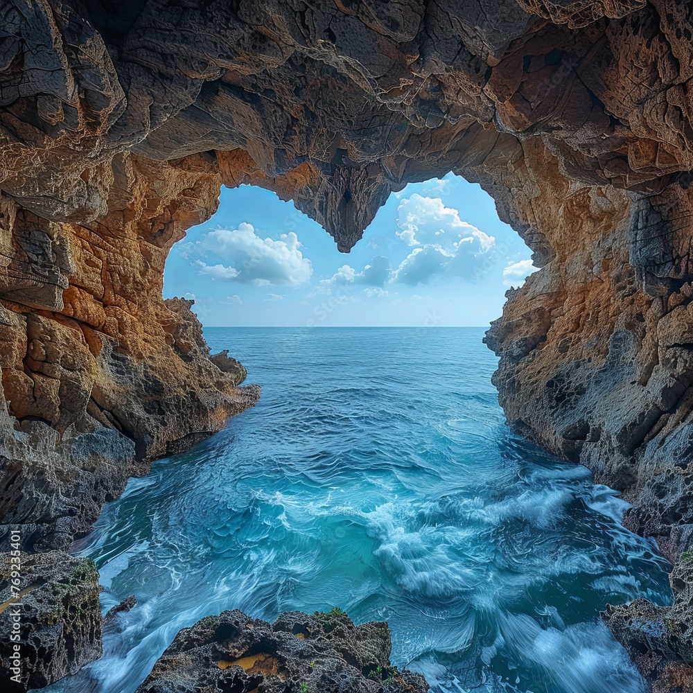 Majestic view through a heart-shaped cave opening leading to the mesmerizing blue sea, symbolizing love and nature's beauty