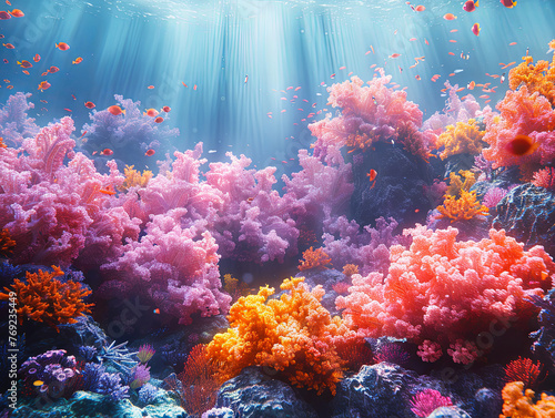 A beautiful underwater scene with colorful corals and small tropical fishes swimming in sunlit water