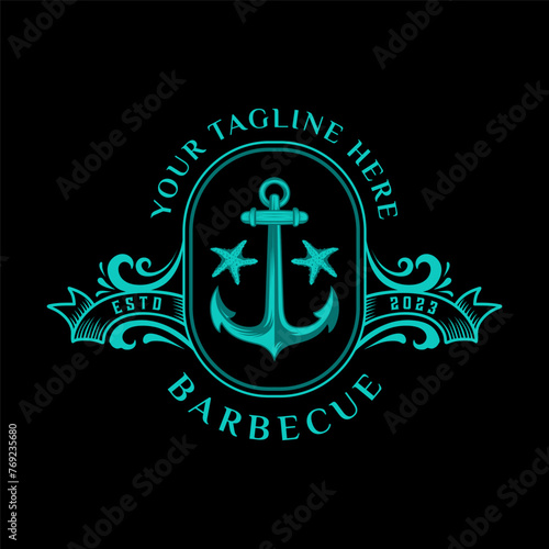 vintage anchor vector design logo. anchor, ribbon, compass, sea adventure design or marine company