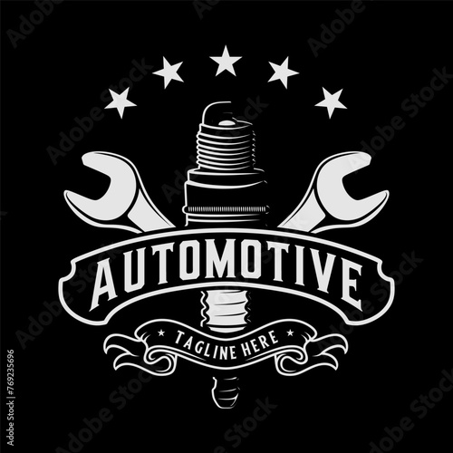 Automotive logo design. wrenches, spark plugs with antique style ribbon decoration for car or motorbike workshops photo