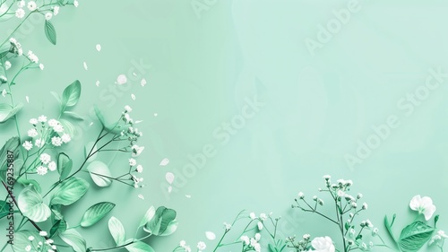 Pastel green background with white and floral design on the borders.
