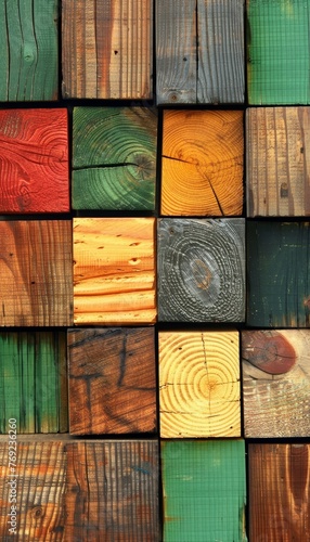 Vibrant wood veneer mosaic  abstract colorful background texture with scaled tiles photo