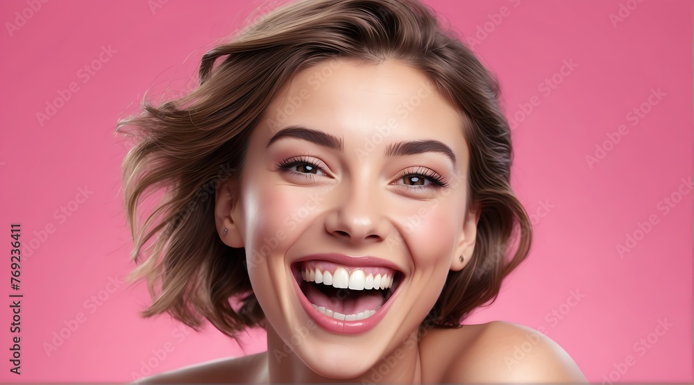 young Caucasian on plain bright pink background laughing hysterically looking at camera background banner template ad marketing concept from Generative AI