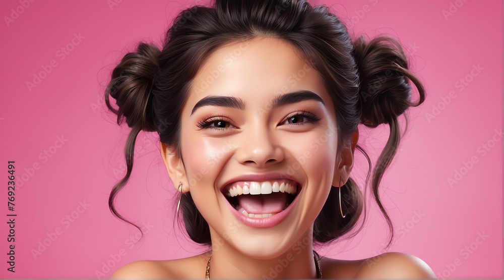 young mexican on plain bright pink background laughing hysterically looking at camera background banner template ad marketing concept from Generative AI