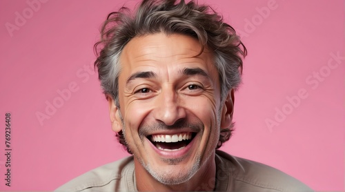 young italian middle age man on plain bright pink background laughing hysterically looking at camera background banner template ad marketing concept from Generative AI © sevenSkies