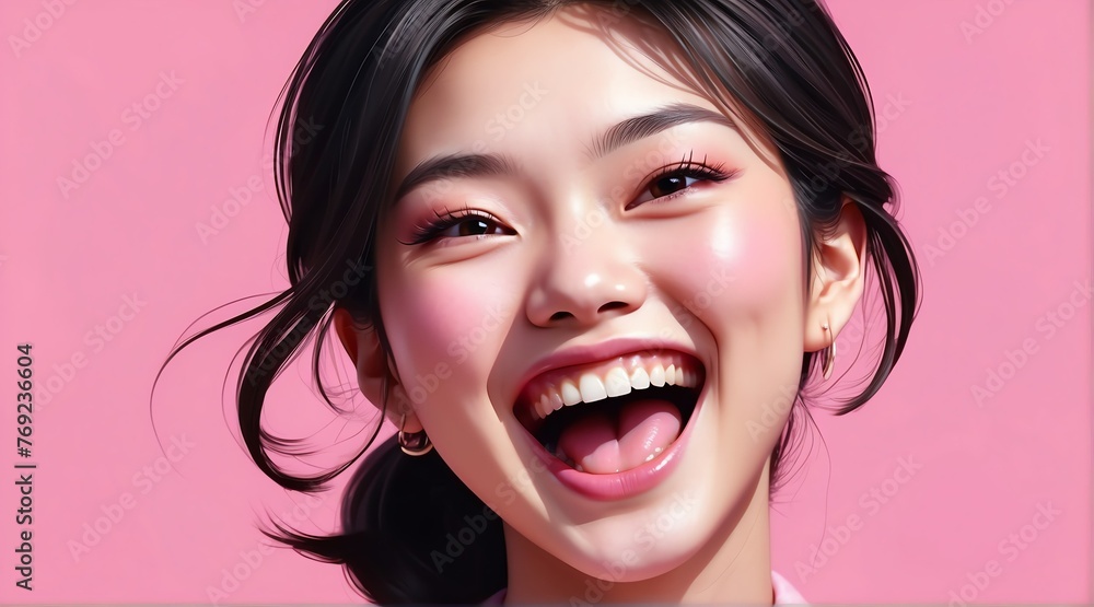 young japanese on plain bright pink background laughing hysterically looking at camera background banner template ad marketing concept from Generative AI young japanese on plain bright pink background laughing hysterically looking at camera background banner template ad marketing concept from Generative AI