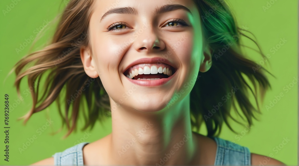 young deutsch teenage girl on plain bright green background laughing hysterically looking at camera background banner template ad marketing concept from Generative AI