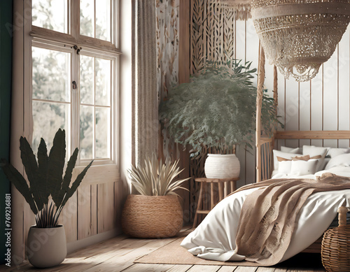 Country wooden bedroom close up in boho style in white and beige tones. Bed, hanging chair. Generative AI. photo