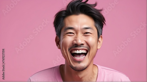 young japanese middle age man on plain bright pink background laughing hysterically looking at camera background banner template ad marketing concept from Generative AI photo