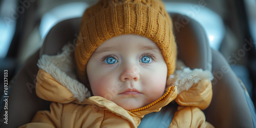 Portrait of a cute baby with blue eyes sitting in a car seat