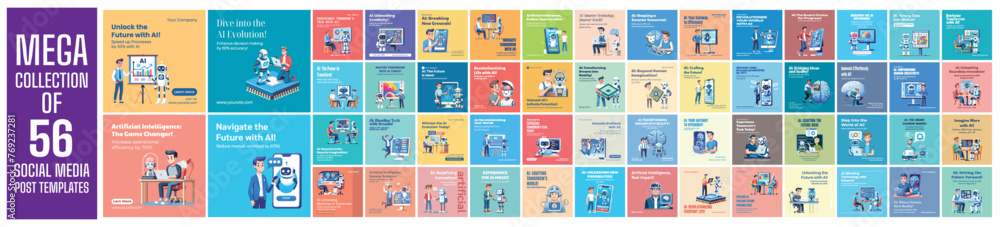 Mega collection of 56 social media post design template. Used for artificial intelligence advertising Mega collection of 56 social media post design template. Used for artificial intelligence advertising