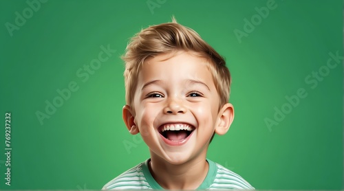young white child boy on plain bright green background laughing hysterically looking at camera background banner template ad marketing concept from Generative AI