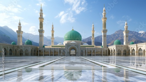 Picture of a beautiful green dome white minaret and a large courtyard paved with marble. The background is a striped pattern with mountains.ai generated. photo