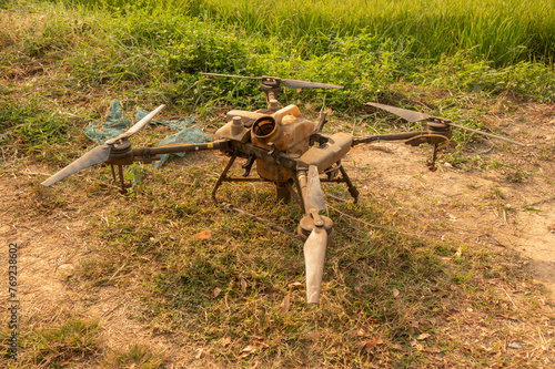 An agriculture drone preparing for take-off for agriculture work.