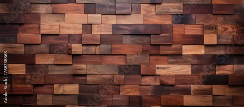 A detailed close up of a brown hardwood wall constructed of small rectangular wooden blocks. The wood stain enhances the beauty of the building material