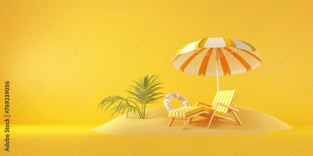 Summer vacation and travel concept. Sunbed and umbrella. Isolated background. 