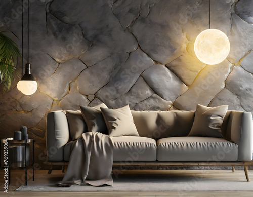 Fototapeta Naklejka Na Ścianę i Meble -  Interior with sofa, stone wall panel, backlight, moon lamp and decor. 3d render illustration. Generative AI.