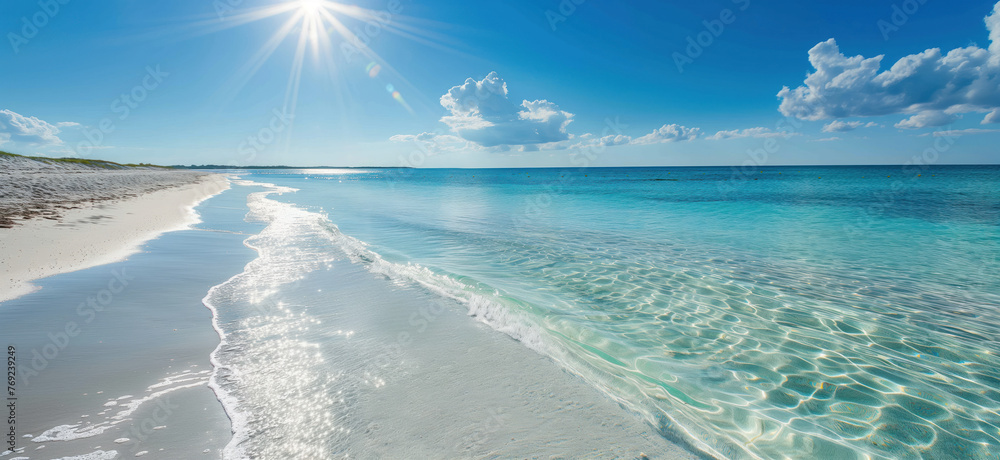 Summer vacation and travel concept. Beach and turquoise ocean. Sunny summer day.