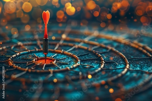 When a businessman points his arrow at a virtual target dartboard, the strategic method to reaching goals and hitting targets in the business world is visualized.