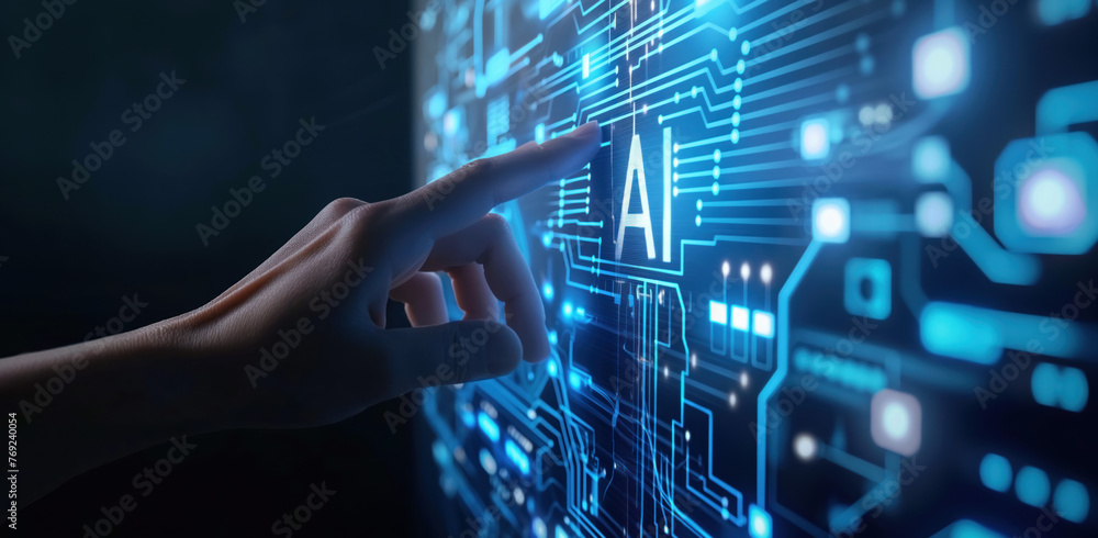 Human hand touching AI chip on screen. Artificial intelligence, AI and technology concept Human hand touching AI chip on screen. Artificial intelligence, AI and technology concept