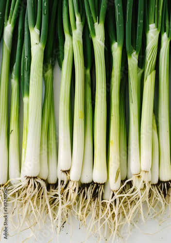 Spring Onions with Roots on White Background