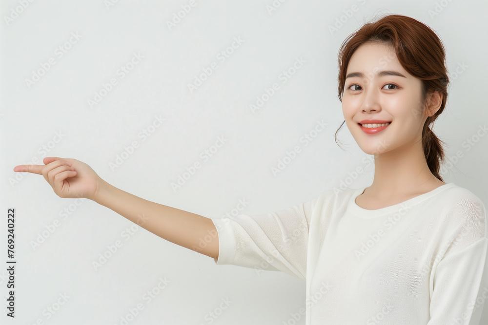 Cheerful Woman Gesturing on White Background Cheerful Woman Gesturing on White Background