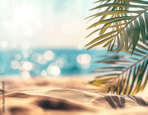 Summer vacation and travel concept. Palm trees both sides  sand and sea. Blurred  bokeh  back ground.