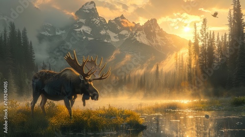 a moose is standing in the middle of a lake with mountains in the background © yuchen