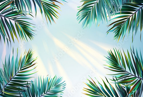 Summer vacation and travel concept. Palm leaf of tree at sides and empty space in the center. Blue and green tones.