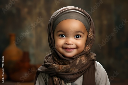 A young child dressed in trendy attire and wearing a headscarf smiles brightly, radiating joy and confidence. Generative AI