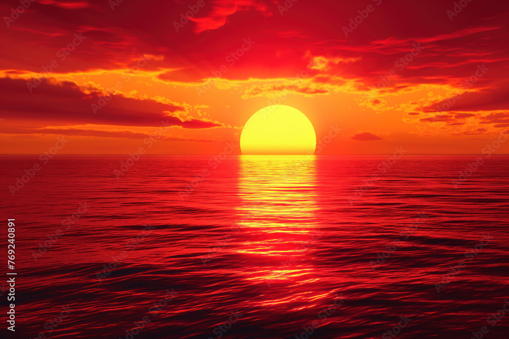 Amazing red sunset over ocean.