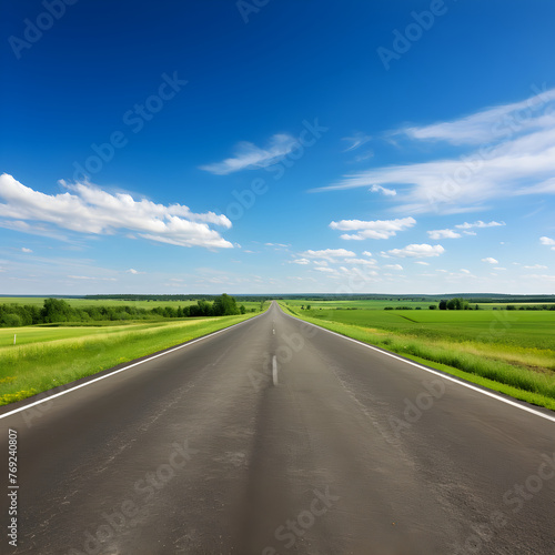 A Lone Achingly Empty Tarmac Road Cutting Through Vast Countryside Fields Under Clear Blue Sky: A Visual Metaphor for Solitude and Tranquillity © Evan