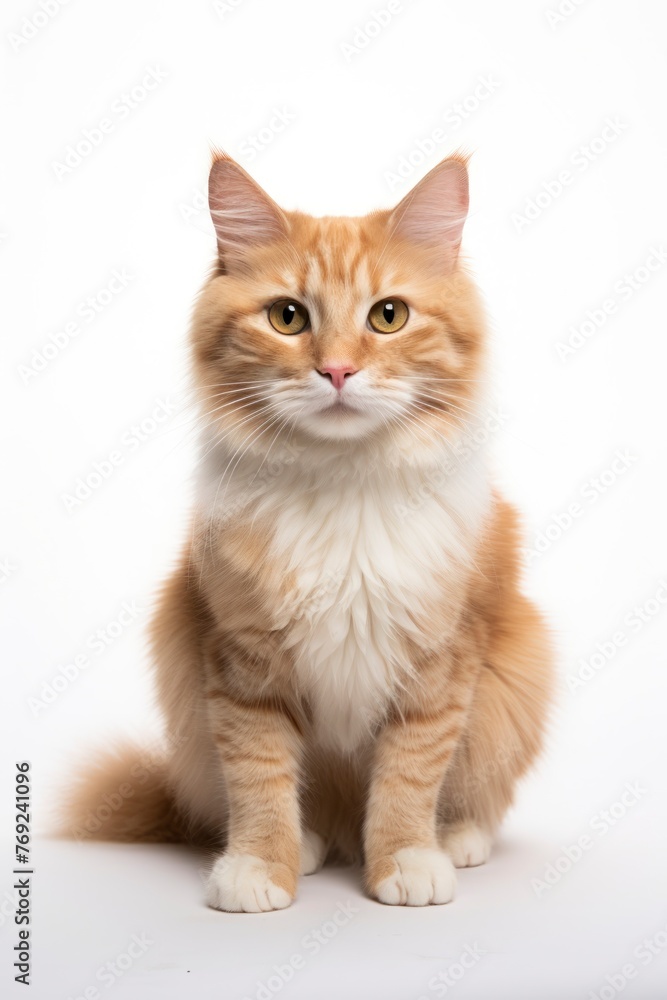 A cat sitting on white background looking at the camera.