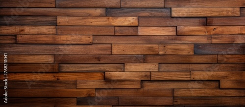 An upclose view of a brown hardwood wall constructed with rectangular wooden blocks. The wood stain enhances the natural tints and shades of the building material