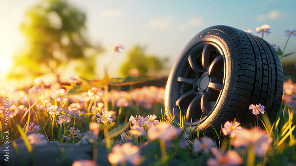 summer tires in the blooming spring in the sun - time for summer tires - obrazy, fototapety, plakaty 
