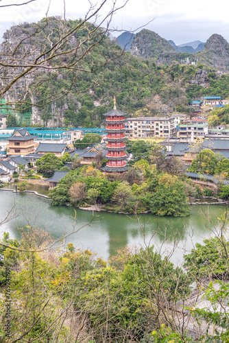 Lookout over Guilin City in South China. Ancient Pagoda in the middle