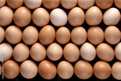 Eggs background. Close up of fresh chicken eggs. Top view.