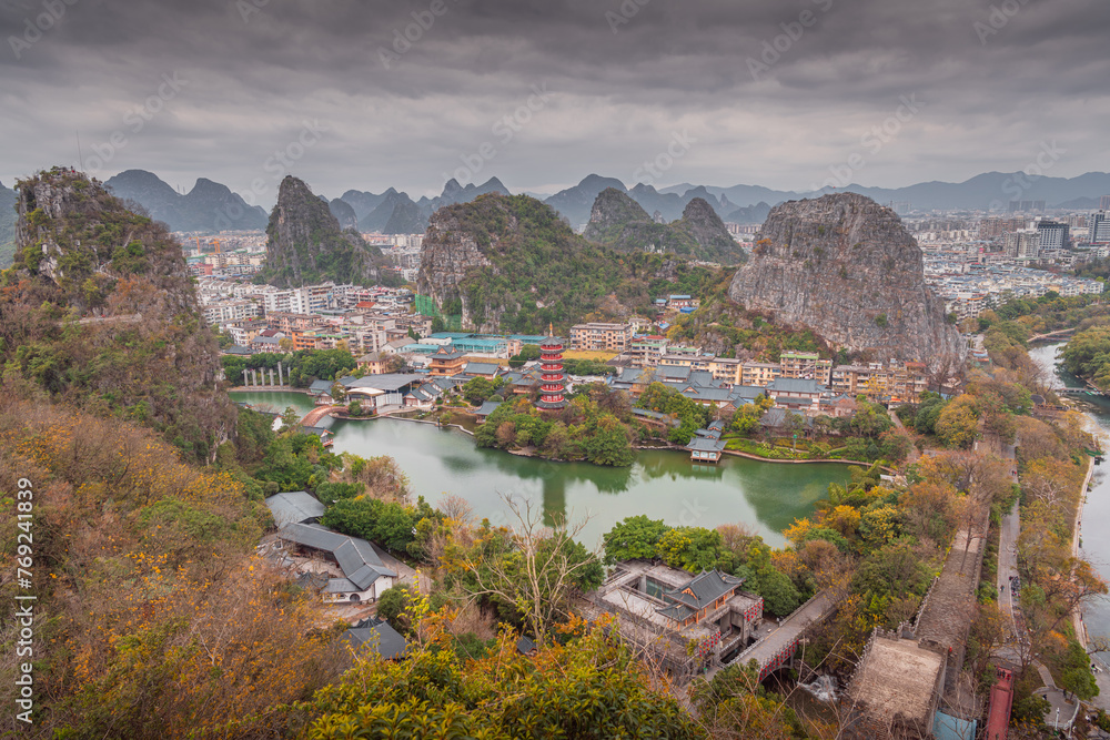 Scenic view of Mulong lake and Guilin city from top of Diecai Mountain