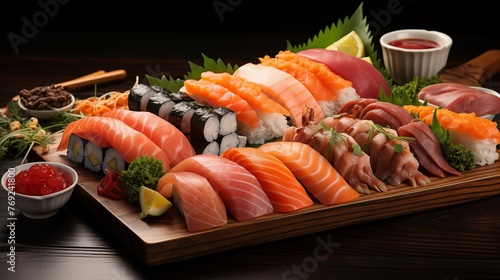 Photo of assorted sushi and sashimi on a wooden platter, high-resolution