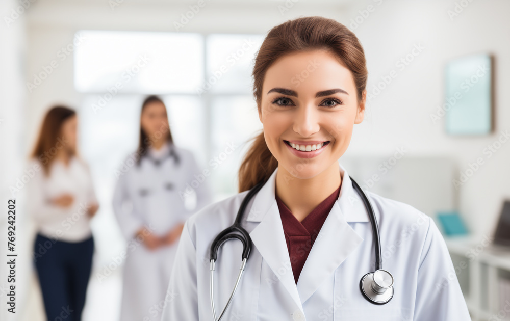 Young female doctor on modern clinic background. Young female doctor on modern clinic background.