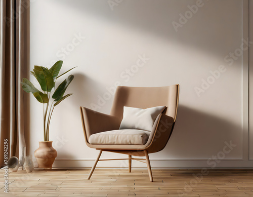 Modern minimalist interior with an armchair on empty white wall background.3D rendering. Generative AI.