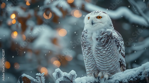 Snowy owl perched on snowy branch, a stunning bird of prey