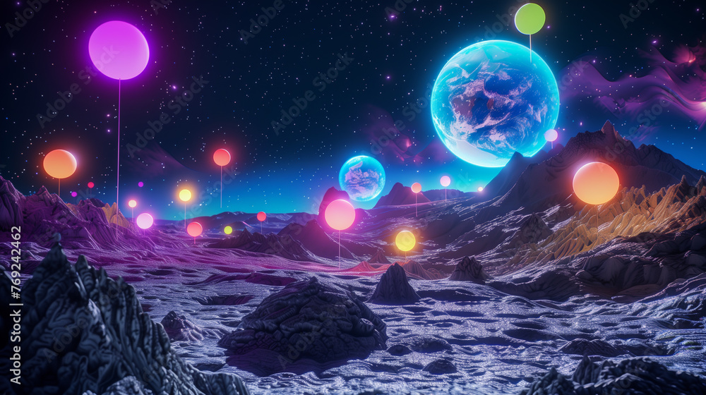 A serene lunar landscape with craters filled with glowing rainbow balloons, casting soft light across the barren terrain as Earth rises majestically in the sky above A serene lunar landscape with craters filled with glowing rainbow balloons, casting soft light across the barren terrain as Earth rises majestically in the sky above