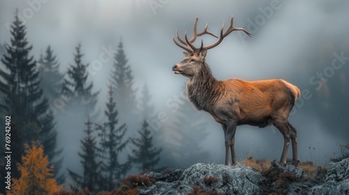 A deer stands alone on a rock in a forest landscape