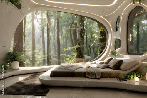 luxurious futuristic bed room with tropical forest theme in the night with dreamy light
