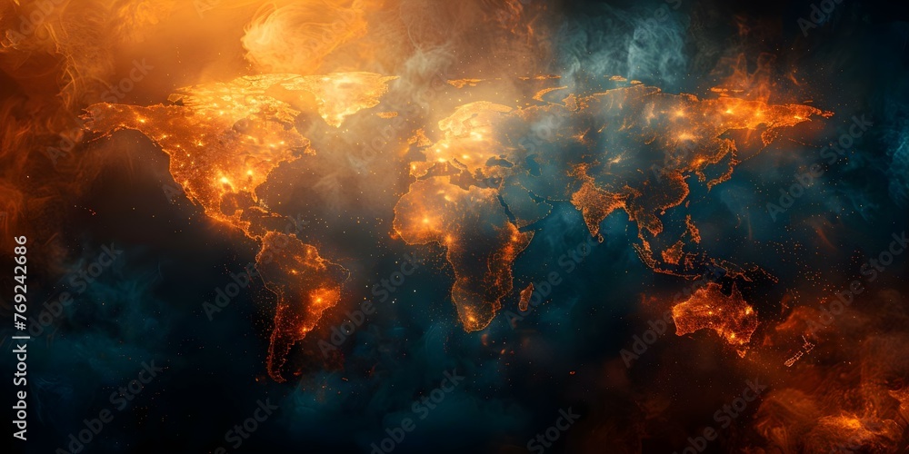 A world map showing military targets explosions and fire highlighting the danger of conflict between countries due to climate change. Concept - Military Targets, .- Explosions and Fire, .- Conflict