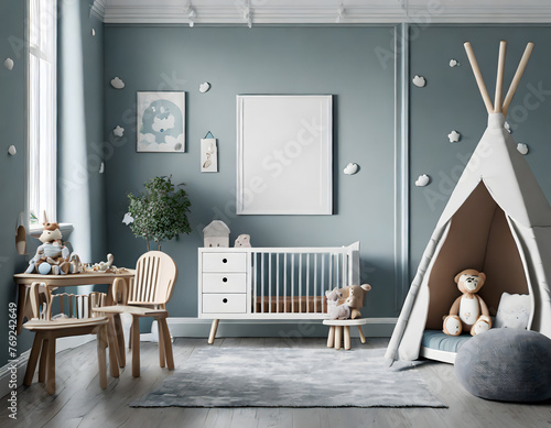Nursery mockup, neutral unisex children room interior background, 3D render. Generative AI.
