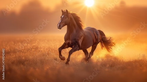 Sorrel horse with flowing mane gallops in field at sunset
