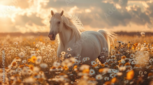 A white horse stands in a flowerfilled grassland under a blue sky © yuchen
